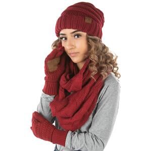 4642 Burgundy Red Hat Scarf Gloves Set For Women Infinity